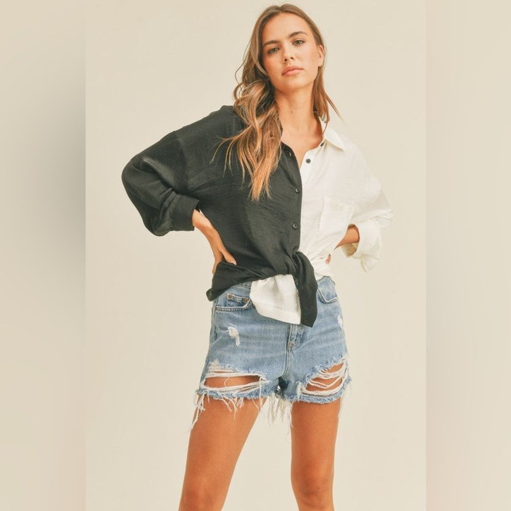 Miou muse Black and white color block button down shirt